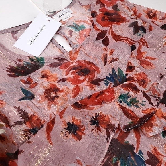 New Lovers + Friends Pink Floral Gold Metallic Stripe Sheer Ruff… - Picture 9 of 16